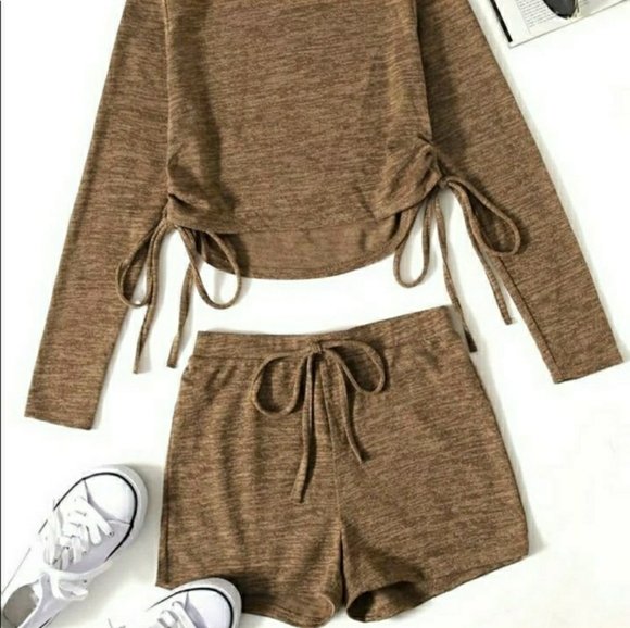 🍍Mocha string tie lightweight short set - Picture 1 of 2